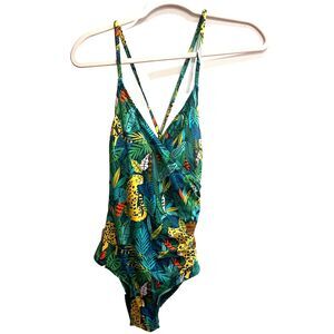 Palms Away By Red Dress Women Green One Piece Swimsuit XS Island Oasis Print NWT